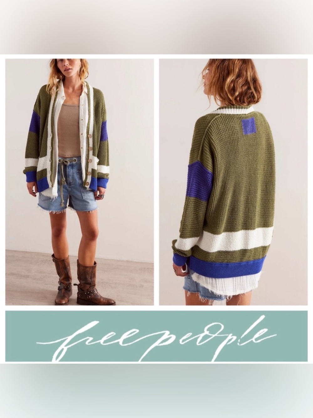 Free People We The Free Chelsea Cardi Sweater in Green Combo